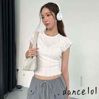 Dance1o1-áo thun nữ Viền cổ tròn mũi nhọn Áo thun Crop