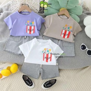 Đồ Bộ Cộc Tay Cho Bé Trai KIMCHIBABY Vải Cotton Mềm Mát In Chữ POP Túi Ngực, Bộ Quần Áo Cho Bé Mặc Nhà K416