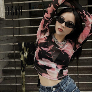 Oiwant Áo Thun Nữ 2024 Phong Cách Mới Retro Mờ Tương Phản Màu Sắc In Slim Fit Dài Tay