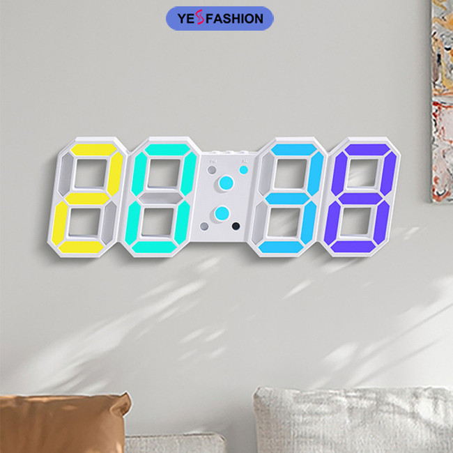 Yesfashion 3D Đồng hồ kỹ thuật số Đồng hồ treo tường RGB Chiếu sáng Đèn ngủ hiện đại LED Đồng hồ điện tử Số đèn LED treo tường