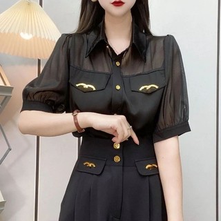 Thiết Kế Áo Sơ Mi Tay Ngắn Nữ Mùa Hè Phong Cách Mới Khâu Voan Puff Tay Áo