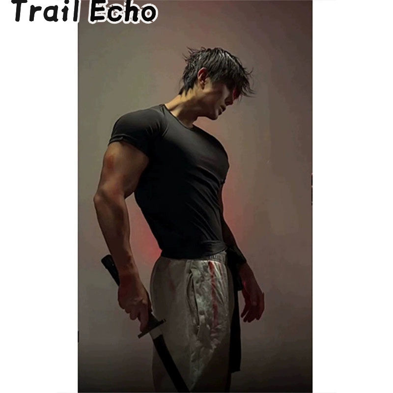 Áo thun nam thể hiện cơ bắp bó sát Trail Echo phong cách anime mùa hè khô nhanh co giãn mát mẻ cổ tròn tay ngắn