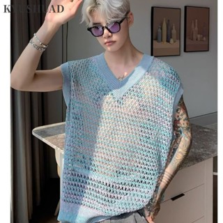 Kyushuad Áo Vest nam không tay kiểu Mỹ Retro Gradient màu tương phản cổ chữ V dệt kim mỏng rỗng áo khoác