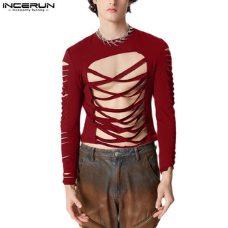 Incerun Nam Vintage Burnout Cutout Crossover Thiết kế Áo thun dài tay
