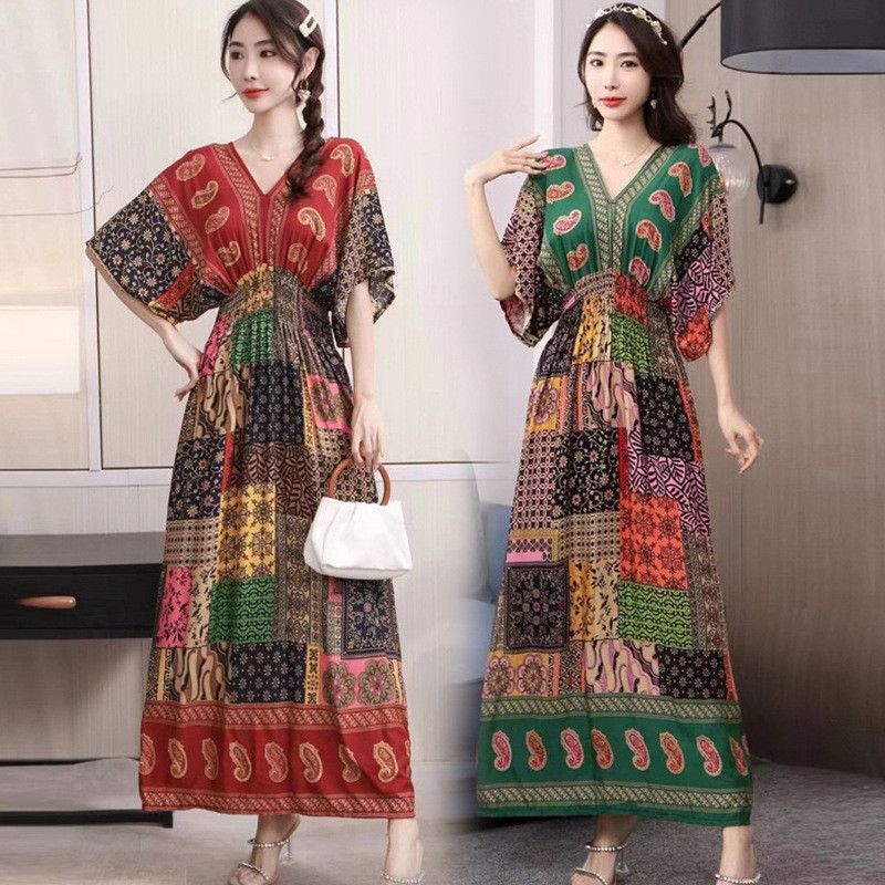 Văn Học Retro Phong Cách Dân Tộc Cổ Chữ V Cotton Lụa Váy Dài Tay Ngắn Đi Biển Váy Du Lịch Thái Lan Mùa Hè In Hình Kỳ Nghỉ Váy Hoa