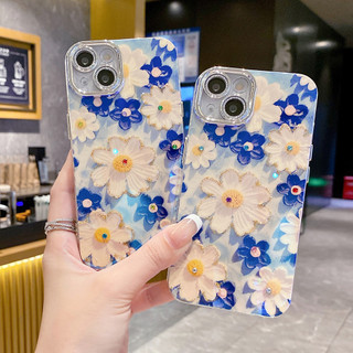 Màu Xanh Lấp Lánh Tranh Sơn Dầu Họa Tiết Hoa Cúc Ốp lưng iPhone 15 Pro Max 11 12 13 14 Pro Max 15promax Sang Trọng Mềm Chống Sốc Ốp Lưng Có Ống Kính Bảo Vệ
