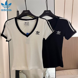 Thêu Logo Adidas Original Áo thun nữ cổ chữ V Áo thun Cotton tay ngắn Slim Fit Áo thun