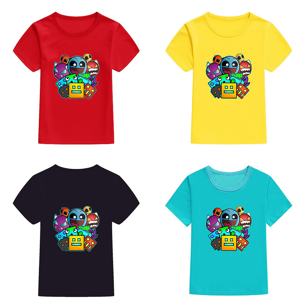Dingyuan Hình Học Dash Áo Thun Trẻ Em Áo Thun Nữ Tay Ngắn Rời Unisex Thanh Thiếu Niên Tee Top