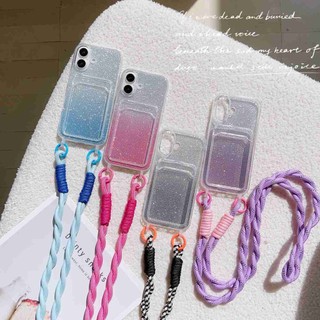 Khe cắm thẻ TPU mềm có giấy lấp lánh Vỏ bảo vệ dây buộc dài cho Apple iPhone 6 6S 7 8 Plus X XS Max XR 11 12 13 14 15 16 Pro Max 14Plus 15Plus 16Plus 12Mini 13Mini