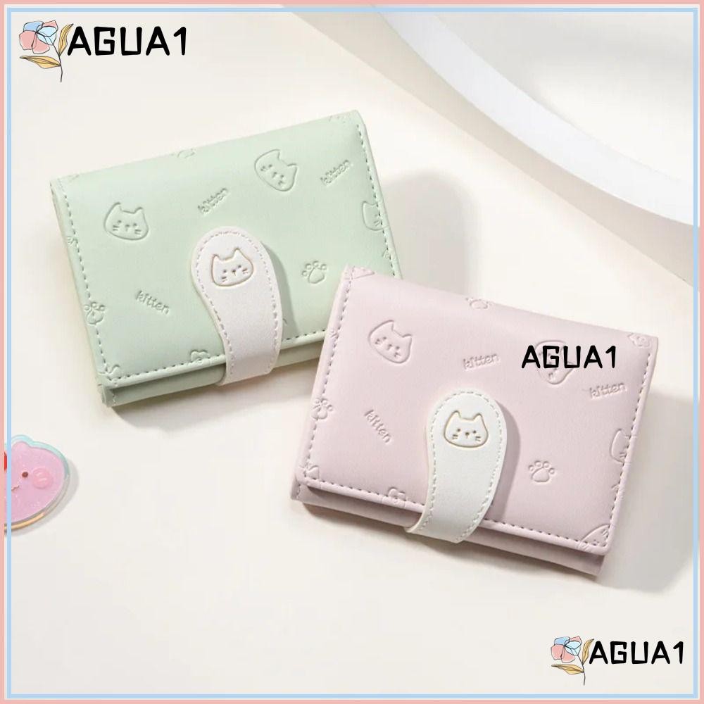 Agua1 Ví nhỏ PU in mèo con dễ thương, có dây đeo và hộp đựng thẻ, túi đựng tiền nữ thời trang