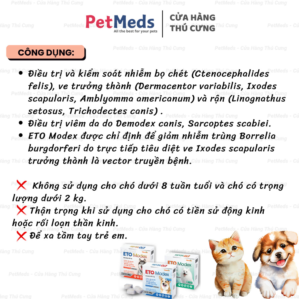 ETO Modex Viên Nhai Diệt Ve, Rận, Bọ Chét, Viêm Da Do Demodex, Sarcoptes Cho Chó