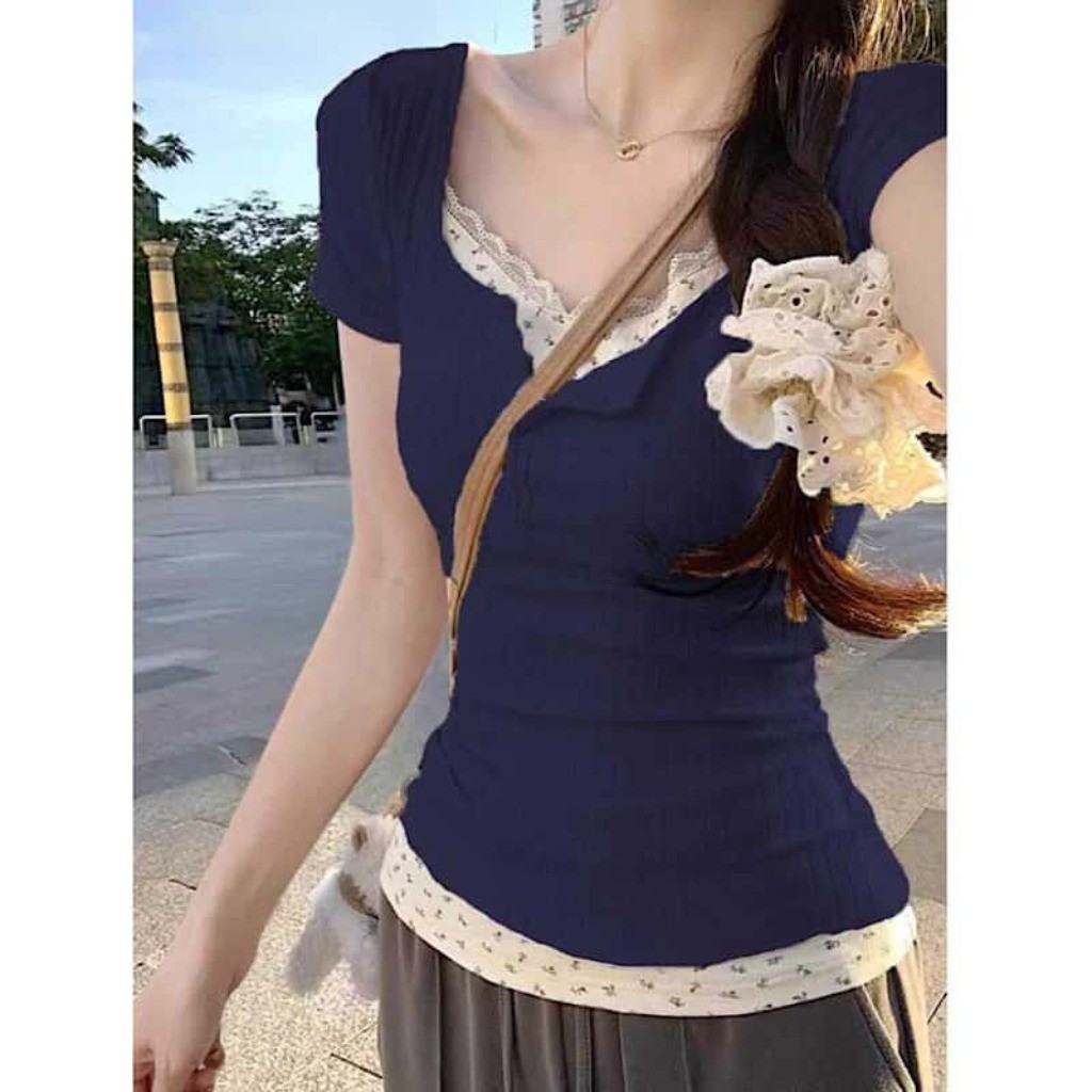 Meet-Adm Áo Thun Nữ  Cổ Tròn Giá 2 Lớp Viền Ren Hoa Nhỉ Ngắn Tay Phong Cách Tiểu Thư Hàn Quốc Coquette | BigBuy360 - bigbuy360.vn