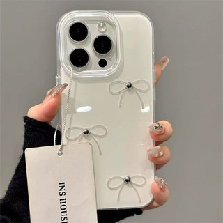 Ốp điện thoại nơ bạc thạch cao cấp cho iPhone16 Pro Max 15 14 13 Pro Max bảo vệ camera chống sốc chống rơi mặt sau cứng