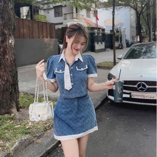 Set áo croptop cổ sơ mi tay ngắn phối caravat kèm chân váy, Set forr áo croptop tay phồng cổ bẻ kèm chân váy
