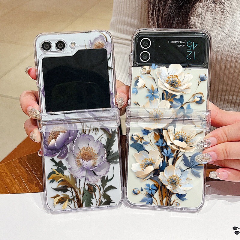 Ốp Họa Tiết Hoa Cho Samsung Galaxy Z Flip 5 Flip 4 Flip 3 Full Bản Lề Chống Sốc Trong Suốt PC Cứng Gấp Dành Cho Samsung Z Flip5 Flip4 Flip3 Cover