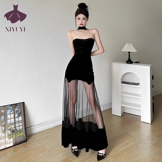 XIYUYI Váy nữ phong cách mới Váy ống kiểu Pháp gợi cảm váy dài lệch vai lưới giảm béo gợi cảm