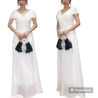 Đầm dạ hội trung niên dự tiệc sang trọng cho mẹ vải voan chiffon cổ trễ choàng vai,Đầm dạ hội trung niên dự tiệc