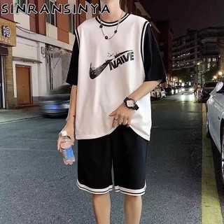 Sinransinya Bộ Nam Mới Của Mỹ Retro Đường Phố Cao Cấp In Chữ Raglan Tay Nửa Tay Áo Rời Và Đẹp Trai Hai Mảnh Bóng Rổ Tay Thẳng Capris
