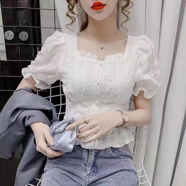 áo babydoll phồng áo peplum Áo sơ mi voan ôm dáng cổ vuông cổ vuông thích hợp kiểu tây tay ngắn kiểu mới mùa hè 2024 nữ