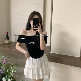 Áo Trễ Vai Áo Coquette Tay Ngắn Áo Kiểu Nữ ôm body Mùa Hè 2024 Phong Cách Mới Pure Desire Một Vai Tinh Tế Nơ (Eo Cả Hai Mặt Xếp Ly) Hàng Dệt Kim Top