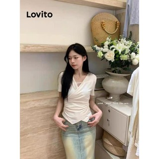 Áo thun Lovito diềm xếp nếp họa tiết chữ phong cách thường ngày dành cho nữ LNE60500