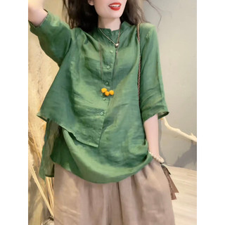 Áo Sơ Mi Vải Lanh Cotton Nữ Mùa Hè 2025 Phong Cách Mới Thiết Kế Retro Niche Ba Phần Tư Tay Rời Bao Bụng Mỏng Hơn Nhìn Mỏng Top