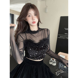F & x gợi cảm top lông thú gợi cảm khâu màu đen camisole nữ thu đông cao cấp cảm giác nóng cô gái slim-fit lớp ngắn sequined top