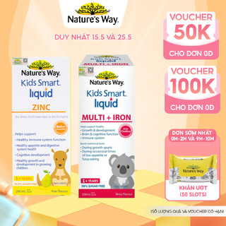 Combo 2 Siro Uống Nature's Way Kids Smart Liquid Zinc Và Liquid Multi+Iron Hỗ Trợ Nâng Cao Sức Đề Kháng Cho Trẻ 200m/lọ