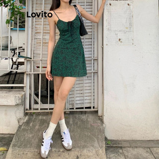 Đầm hai dây Lovito họa tiết hoa nhí buộc dây phía trước xếp nếp khóa kéo bên hông phong cách thường ngày cho nữ LNE42106