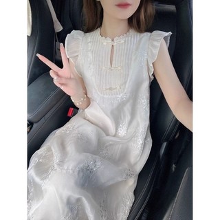 Váy Dài Tay Bay Thêu Hoa Cài Nút Cúc Ngực Kiểu Trung Quốc Mới Khí Chất Nhẹ Nhàng 