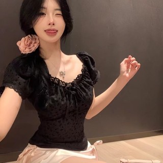 Đen Jacquard Ren Cổ Vuông Áo Sơ Mi Tay Ngắn Nữ Mùa Hè Phối Ren Pháp Độc Đáo Slim-Fit Ngắn Top