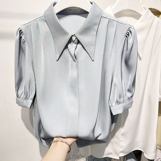 Mới Phong Cách Pháp Màu Trơn Cổ Polo Đính Hạt Áo Sơ Mi Tay Ngắn Thời Trang Vintage Một Lông Phồng Tay Áo Sơ Mi Voan Nữ Mùa Hè Mỏng Xếp Ly Rời Tay Ngắn Top CF66