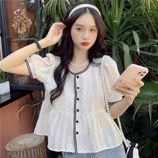 Ngọt Ngào Giảm Tuổi Chấm Bi Áo Sơ Mi Tay Ngắn Nữ Thiết Kế Mùa Hè Niche Áo Sơ Mi Ngắn Rời Sang Trọng Bé Áo Sơ Mi Top