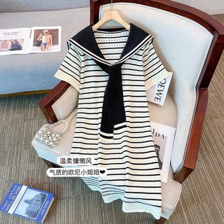 Daxingzhe Hải Quân Cổ Sọc Đầm Nữ Rỗng Dáng Rộng Ôm Hơn Nhìn Bao Thịt Thẳng Váy Dệt Kim