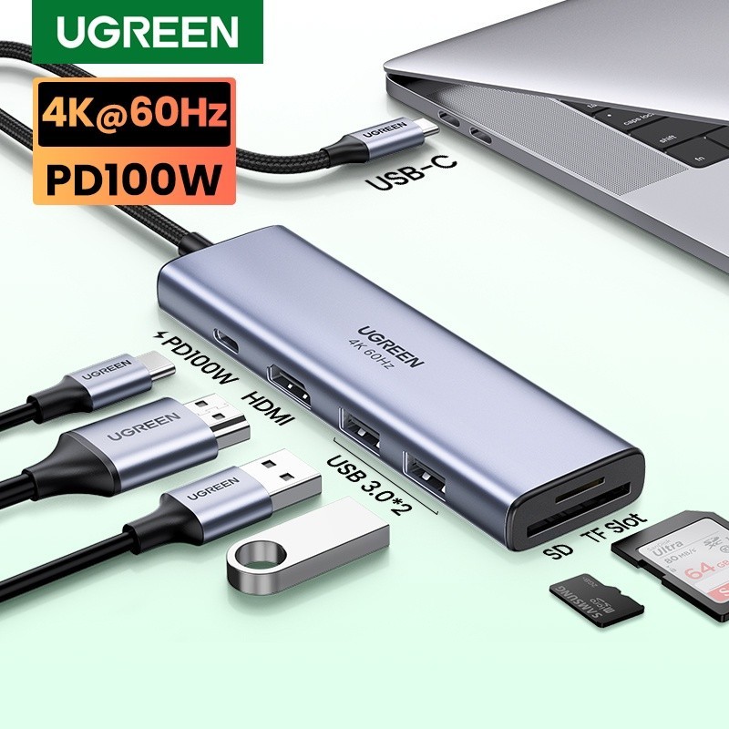 HUB USB-C to HDMI kèm Hub 2 USB 3.0 + SD/TFUgreen 70411 hỗ trợ PD USB-C 100W