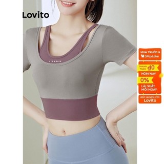Áo tập gym nữ ngực thể thao sport bra Lovito ghép nối màu sắc họa tiết chữ cho nữ LNA13056 (Tím/Xanh dương/Đen)