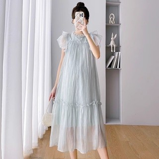 Váy Bà Bầu Xiaomengmeng Váy Liền Mẫu Mỏng Mới Rộng Rãi Mùa Hè Váy Voan Viền Bèo Tươi Trẻ 
