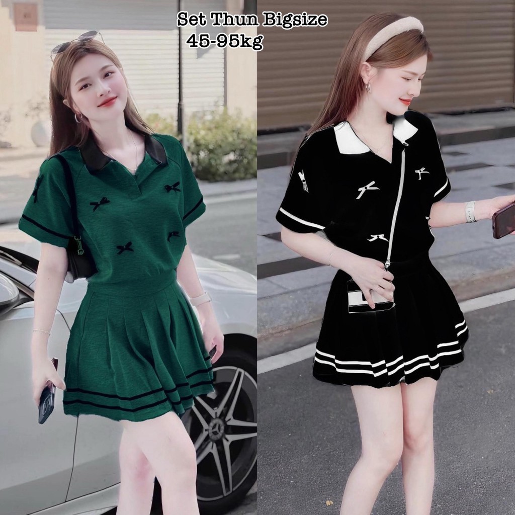 Thời Trang Bigsize - Set Áo Cổ Bẻ Nơ Nổi Mix Chân Váy Xếp Ly Có Lót Trong Vải Thun Tăm Hot Hit Nữ Cao Cấp Xinh 40-95kg | BigBuy360 - bigbuy360.vn