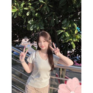 Cổ Điển Cơ Bản Chữ U Màu Xám Phù Hợp Với Áo Thun Nữ Tay Ngắn Phong Cách Mỹ Slim-Fit Giảm Béo Nửa Tay Top Cổ Thấp Đáy Áo Sơ Mi