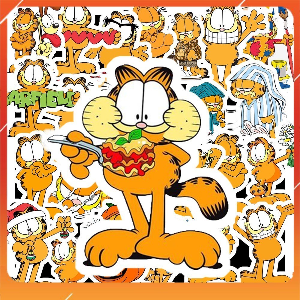 Hộp 50 Sticker Hình CHÚ MÈO BÁO GARFIELD Decal Trang Trí Xe, Điện Thoại, Laptop, Nón Bảo Hiểm Chống 