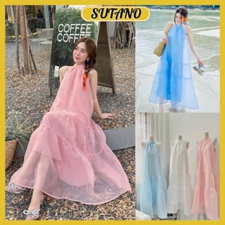 đầm suông cổ yếm váy maxi nữ voan tơ 2 lớp cổ yếm có mút ngực đi biển V126 SUTANO
