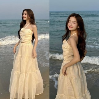 Sét Váy Maxi 2 Dây Nhiều Tầng Dáng Xoè Tay Trễ Vai đi Biển Chất Voan Tơ 2 Lớp, Áo yếm đính hoa chân váy dáng dài, SEE
