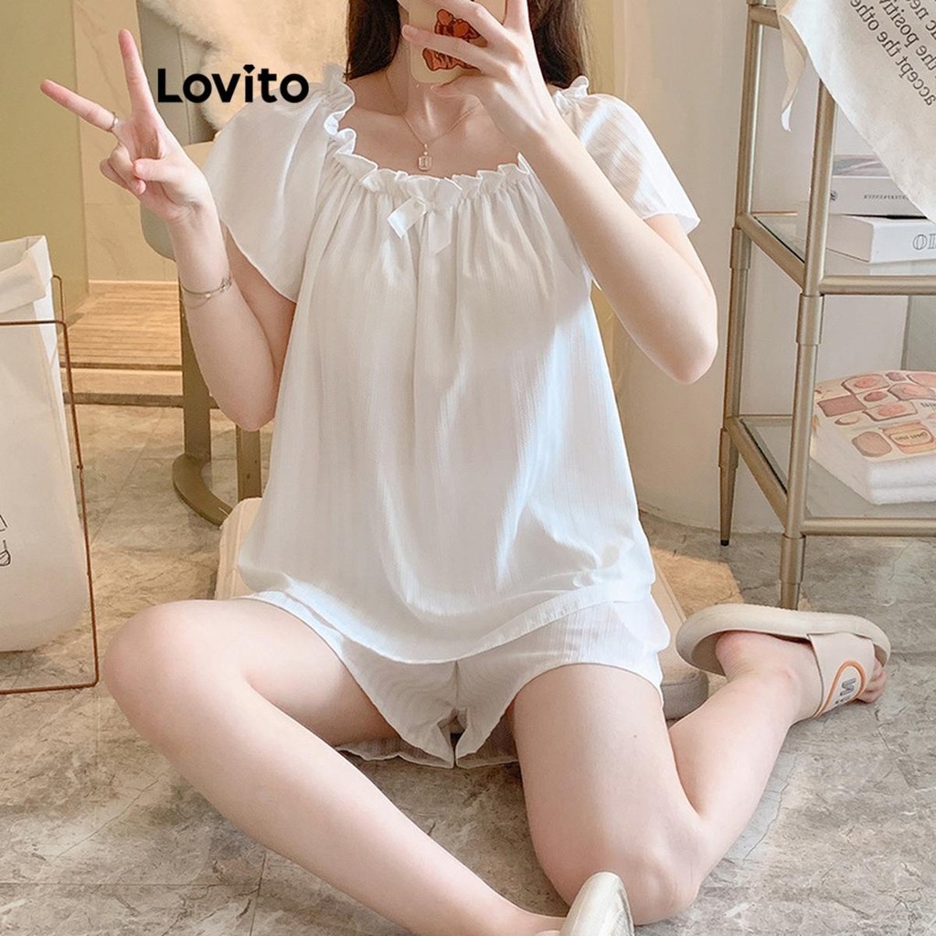 Lovito Bộ đồ ngủ nơ trơn thông thường dành cho nữ LNE53057 | BigBuy360 - bigbuy360.vn