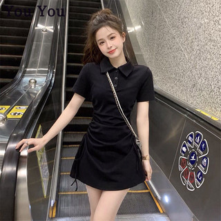 Váy cổ polo ngắn tay phong cách Hàn Quốc mới hot girl tinh khiết ngọt ngào phong cách cô gái váy dây rút váy mỏng