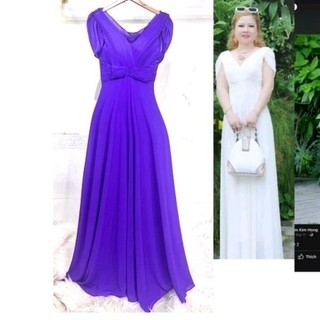 Đầm dạ hội trung niên đi tiệc choàng vai vải voan cổ V xếp ly nhấn eo tôn dáng size lớn 75kg, Đầm dạ hội trung niên đi