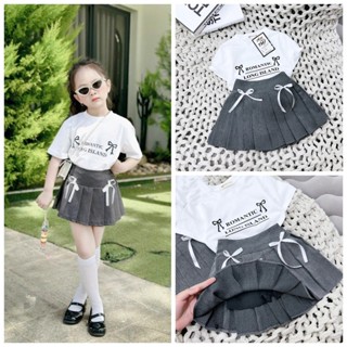 Set Áo Phông Trắng In Chữ+ Chân Váy Xếp Ly Sành Điệu Dành Cho Bé Gái 10-35kg (1-10 tuổi)