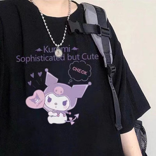 [Polyester] Phiên bản Hàn Quốc Áo thun ngắn tay hoạt hình dễ thương Kuromi dành cho nữ cổ tròn thông thường Áo mùa hè dành cho học sinh