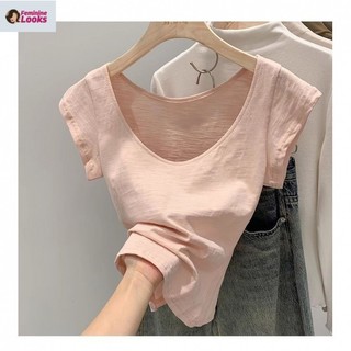 Phiên bản Hàn Quốc Áo thun ngắn tay màu trơn cổ chữ U Slub Cotton Slim-Fit Đáy