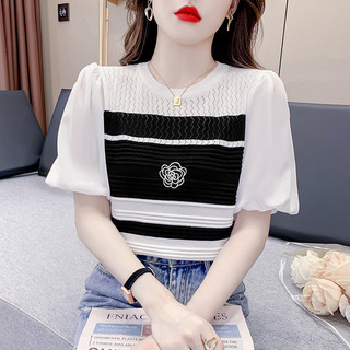 Real Shot Puff Tay Và Cổ Tròn Màu Sắc Tương Phản Hoa Nhỏ Tay Ngắn Đan Top Mùa Hè 2024 Phong Cách Mới Áo Thun Đẹp Nữ OHQX