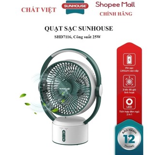 Quạt sạc điện sunhouse shd7116 - 3 tốc độ gió tùy chỉnh, tích hợp đèn ngủ 2 trong 1, pin sạc lithium cao cấp